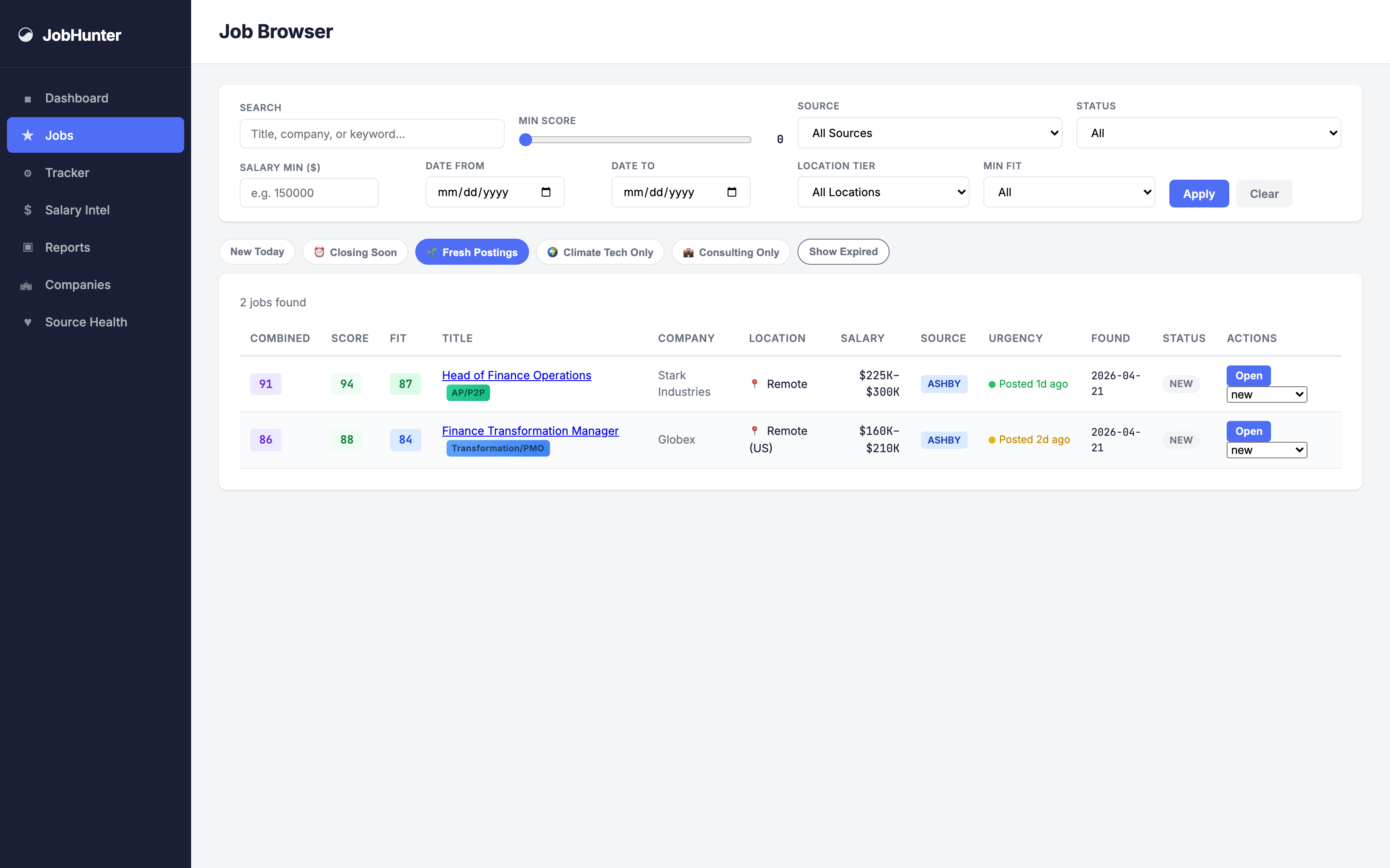 Domain-aware filtering surfaces the freshest relevant roles — no more wading through noise.